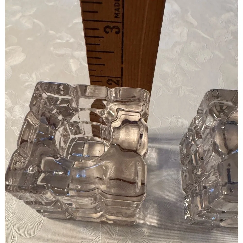 Vintage Biedermann Pair Clear Glass Cube Taper Candle Holders Ice Block Decor